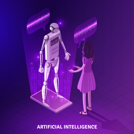 Artificial intelligence isometric composition on violet background with girl during communication with chat bot vector illustrationのイラスト素材