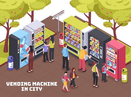 Automatic vending machines in city shopping area selling beverages refreshment snacks coffee chips isometric composition vector illustrationのイラスト素材