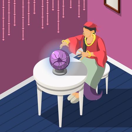 Gypsies isometric background with woman dressed in national costume guessing on magic sphere vector illustrationのイラスト素材