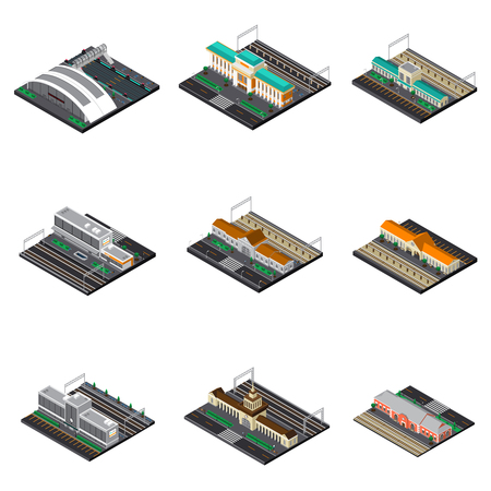 Railway station isometric set of modern and buildings futuristic and train museum under open sky isolated vector illustrationのイラスト素材