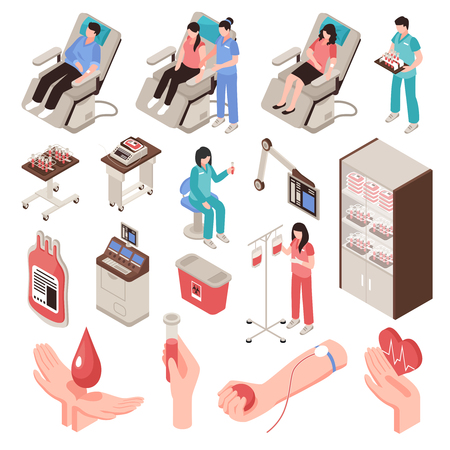 Blood donor in chair professional staff and medical equipment set of isometric icons isolated vector illustrationのイラスト素材