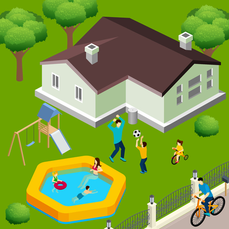 Family house exterior isometric view with backyard trees swimming pool playground and children playing ball vector illustrationのイラスト素材