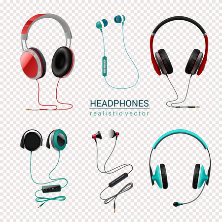 Headsets earphones various types earbuds in-ear headphones realistic colored set transparent background isolated vector illustrationのイラスト素材