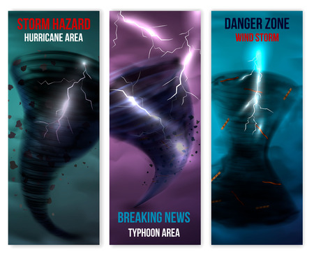 Storm hurricane tornado realistic banners collection of three vertical backgrounds with images of lightning and swirl vector illustrationのイラスト素材