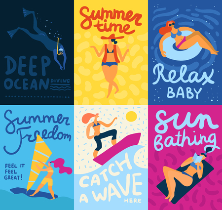 Sea activities cards set with diving and sunbathing symbols flat isolated vector illustrationのイラスト素材