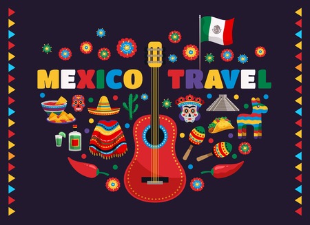 Mexico colorful national traditional symbols composition with guitar flag food masks tequila cactus travel advertisement vector illustrationのイラスト素材