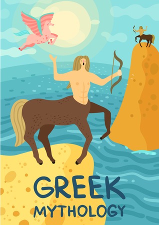 Two mythical creatures from greek mythology centaurus and pegasus near sea flat vector illustrationのイラスト素材