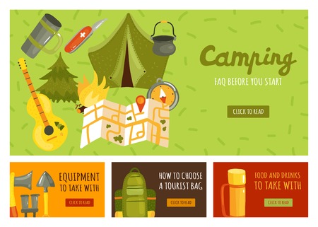 Flat set of four banners with necessary equipment for camping isolated vector illustrationのイラスト素材