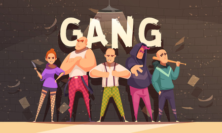Criminal background with set of five flat cartoon characters of outcast persons with grunge style background vector illustrationのイラスト素材