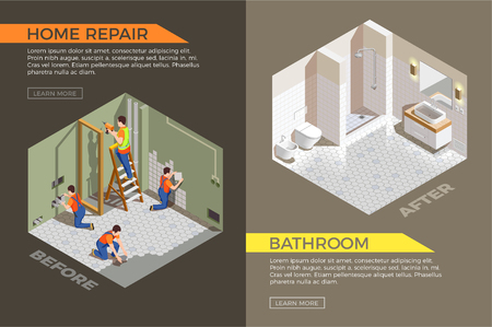 Bath room before and after construction works isometric composition with builders during repair vector illustrationのイラスト素材