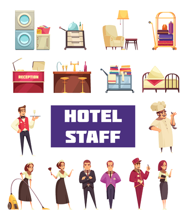 Hotel staff set with editable text isolated human characters of hotel workers and various furniture items vector illustrationのイラスト素材
