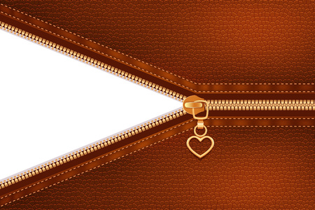 Gold metallic zipper sewing to fabric of terracotta color with leather structure abstract background realistic vector illustrationのイラスト素材