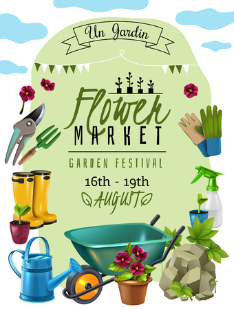 Cottage plants festival flower market announcement poster with event dates and gardener tools accessories advertisement vector illustrationのイラスト素材