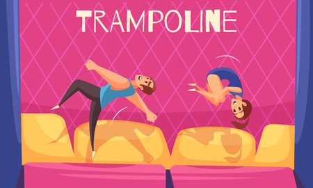 Jumping trampolines horizontal background with editable text and flat human characters of man and woman vector illustrationのイラスト素材