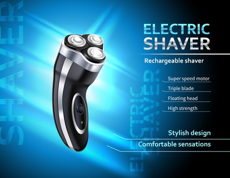 Realistic rechargeable electric shaver with speed motor advertising poster on gradient blue background vector illustrationのイラスト素材