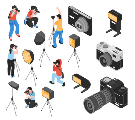 Professional photographer and work equipment including cameras, tripod, lighting facilities, isometric icons set, isolated vector illustrationのイラスト素材