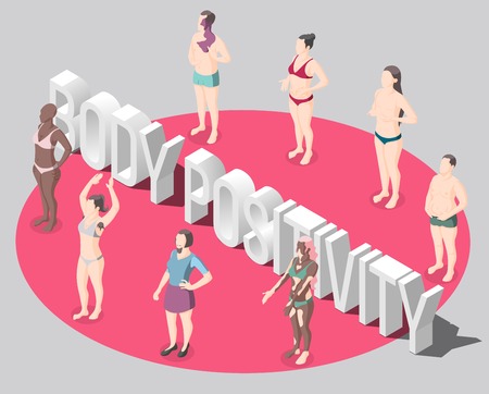 Body positivity isometric poster with people standing in red round dressed in swimsuits not hiding features of body vector illustrationのイラスト素材