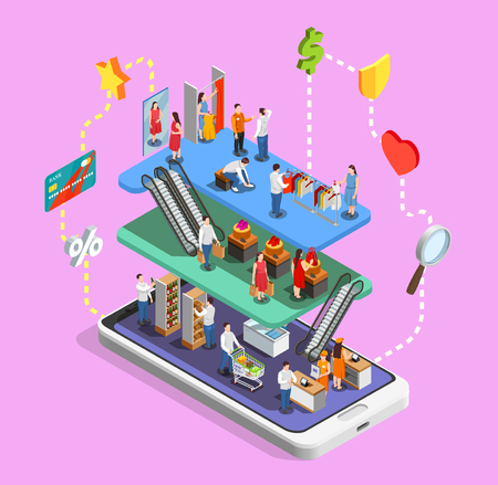 Online shopping isometric composition on lilac background with consumers in mall on mobile device screen vector illustrationのイラスト素材