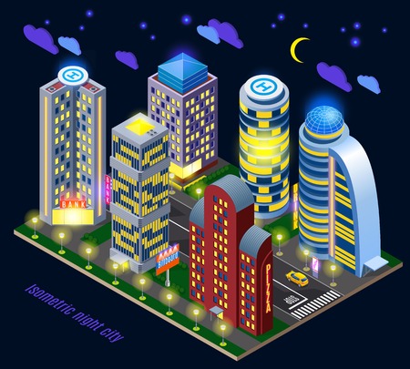 Night city with illuminated tall buildings and road infrastructure isometric composition on dark background vector illustrationのイラスト素材