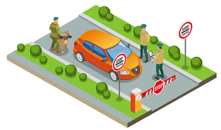 Border inspection isometric composition frontier guards with service dog during vehicle check vector illustrationのイラスト素材