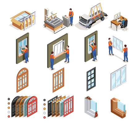 Pvc windows production isometric icons with workers during design manufacturing transportation and installation isolated vector illustrationのイラスト素材