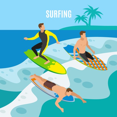 Three young men with colorful boards during surfing on marine waves isometric background vector illustrationのイラスト素材