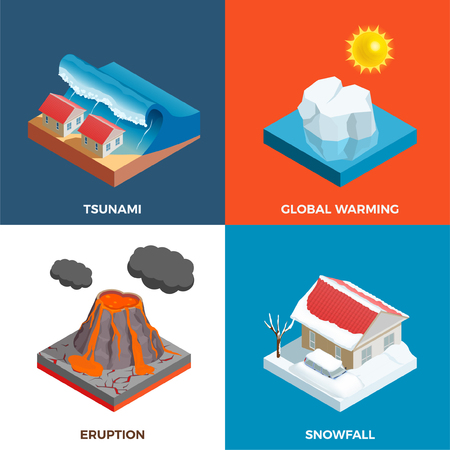 Natural disasters isometric design concept with tsunami volcano eruption snow fall and global warming isolated vector illustrationのイラスト素材