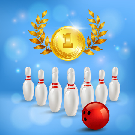 Bowling victory 3d composition golden medal with laurels pins and ball on blurred blue background vector illustrationのイラスト素材