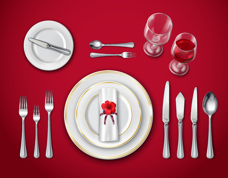 Top view of table place setting for ceremonial dinner on red background with empty plate glasses and cutlery realistic vector illustrationのイラスト素材