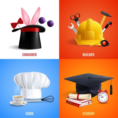 Different professions realistic design concept hats of cook, builder, conjurer, student with work tools isolated vector illustrationのイラスト素材