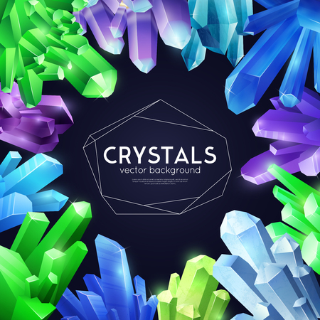 Vibrant violet bright green blue crystals   composition against black background decorative square frame poster cover vector illustrationのイラスト素材