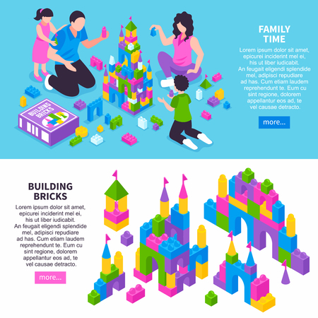 Toy constructor isometric horizontal web page banners with family building castle from colorful plastic bricks vector illustrationのイラスト素材