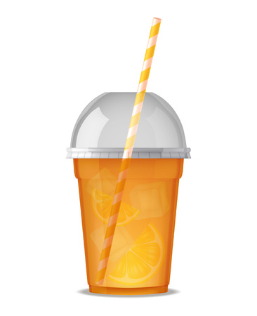 Transparent plastic glass for drink juice or smoothie with pipe and cover isolated vector illustrationのイラスト素材