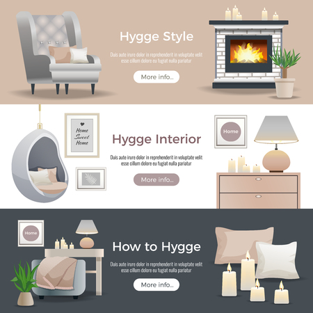 Scandinavian hygge style interior design 3 horizontal website banners with fireplace reading nooks candles pillows vector illustrationのイラスト素材
