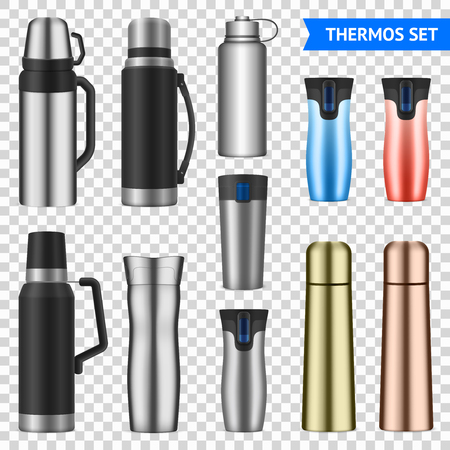 Vacuum bottles flasks insulating storage vessels for drinks food stainless steel  realistic varieties set transparent vector illustrationのイラスト素材
