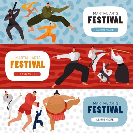 Set of horizontal banners fighters during practice at martial arts festival isolated on color background vector illustrationのイラスト素材