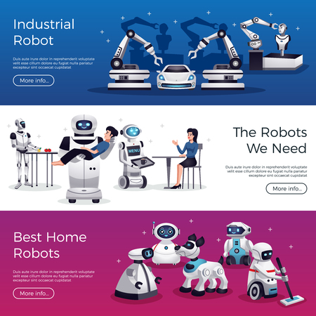 Industrial medical service future home and office helper robots 3 horizontal web page banners isolated vector illustrationのイラスト素材