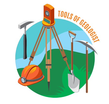 Geological tools measuring device, helmet, shovel, hammer and pick, isometric composition on blue green background, vector illustrationのイラスト素材