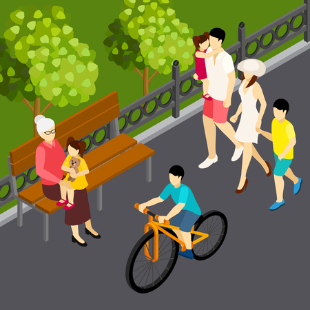 Family summer weekend vacation outdoor isometric composition with walking mom father kids and son cycling vector illustrationのイラスト素材