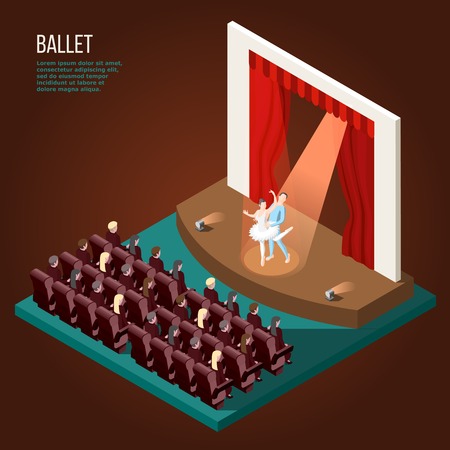 Ballet isometric poster with  dancing couple on scene of musical theater before audience vector illustrationのイラスト素材