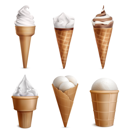 Ice cream realistic set with six isolated icecream in wafer cups of different shape with topping vector illustrationのイラスト素材