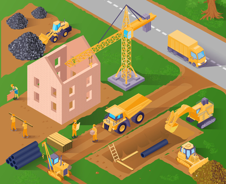 Two storeyed building construction process 3d isometric horizontal vector illustrationのイラスト素材
