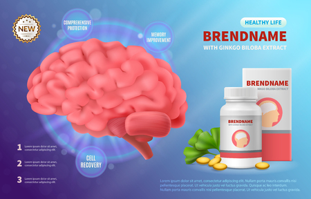 Brain medicine advertising realistic composition of human brain image and drug package with editable brand name vector illustrationのイラスト素材
