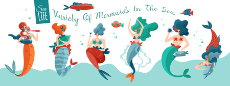 Funny playful sexy mermaids in sea waves with underwater world creatures horizontal ocean life banner vector illustrationのイラスト素材