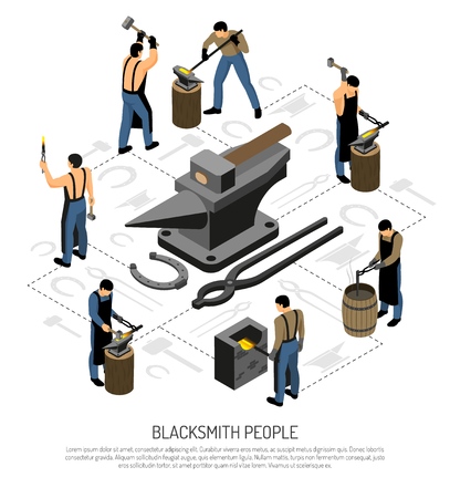 Blacksmith in apron with professional tools and equipment during work set of isometric icons vector illustrationのイラスト素材