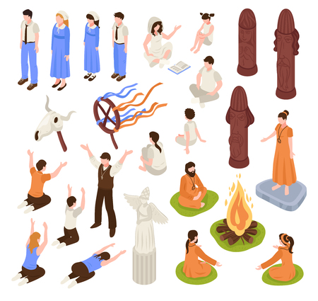 Isometric religious cult set with isolated human characters of prayers and prophets with ceremony items vector illustrationのイラスト素材