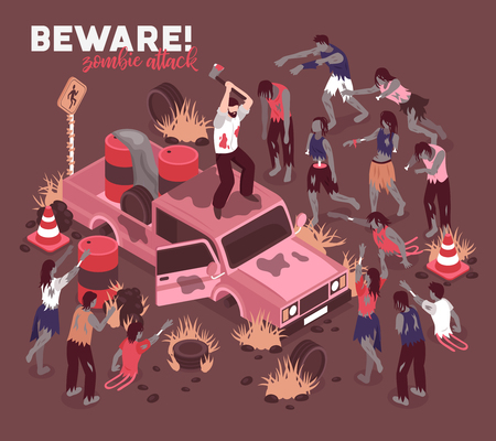 Isometric zombie apocalypse background composition with horror scenery of post-apocalyptic city and last survivor character vector illustrationのイラスト素材