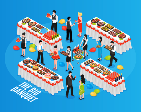Isometric banquet composition with people in their best turn-outs and tables with lots of food vector illustrationのイラスト素材