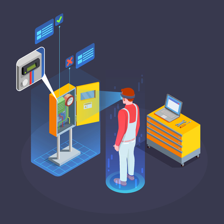 Industrial augmented reality applications isometric composition with virtual assistant controlling automated manufacturing process black background vector illustrationのイラスト素材