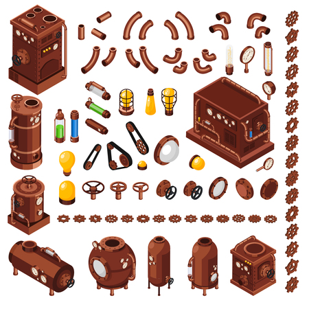 Steampunk art constructor isometric  collection of design elements inspired by 19th century steam powered machinery vector illustrationのイラスト素材